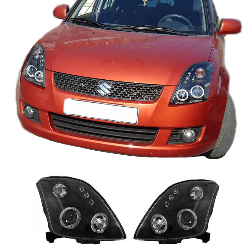 Βλησαρούλης Car Center - Μπροστινά Φανάρια Set Για Suzuki Swift 05-10 Angel Eyes & Led Μαύρα H1/H1 Manual JunYan