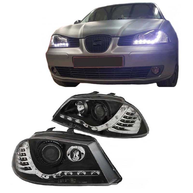 Βλησαρούλης Car Center - Μπροστινά Φανάρια Set Για Seat Ibiza 6L 02-08 DRL & Led Φλας Μαύρα H1/H1 Junyan