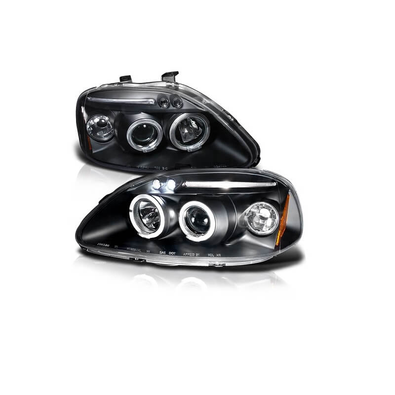 Βλησαρούλης Car Center - Μπροστινά Φανάρια Set Για Honda Civic 96-99 Angel Eyes & Led Μαύρα H1/H1 Manual JunYan