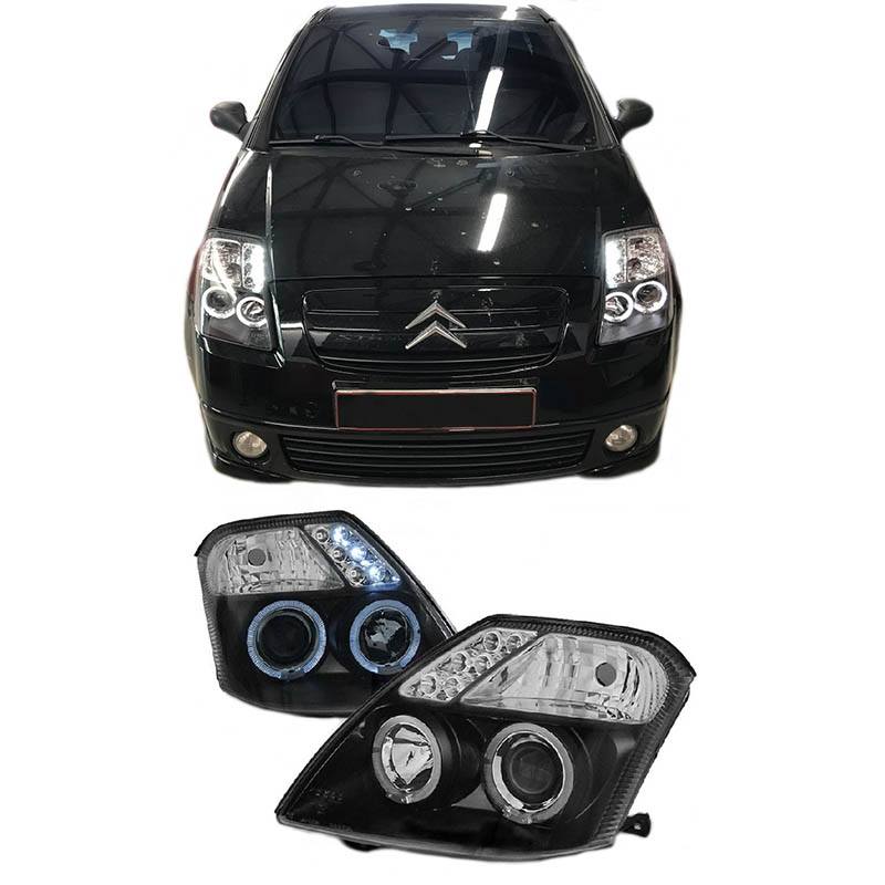 Βλησαρούλης Car Center - Μπροστινά Φανάρια Set Για Citroen C2 04-10 Angel Eyes & Led Μαύρα H1/H1 Manual JunYan