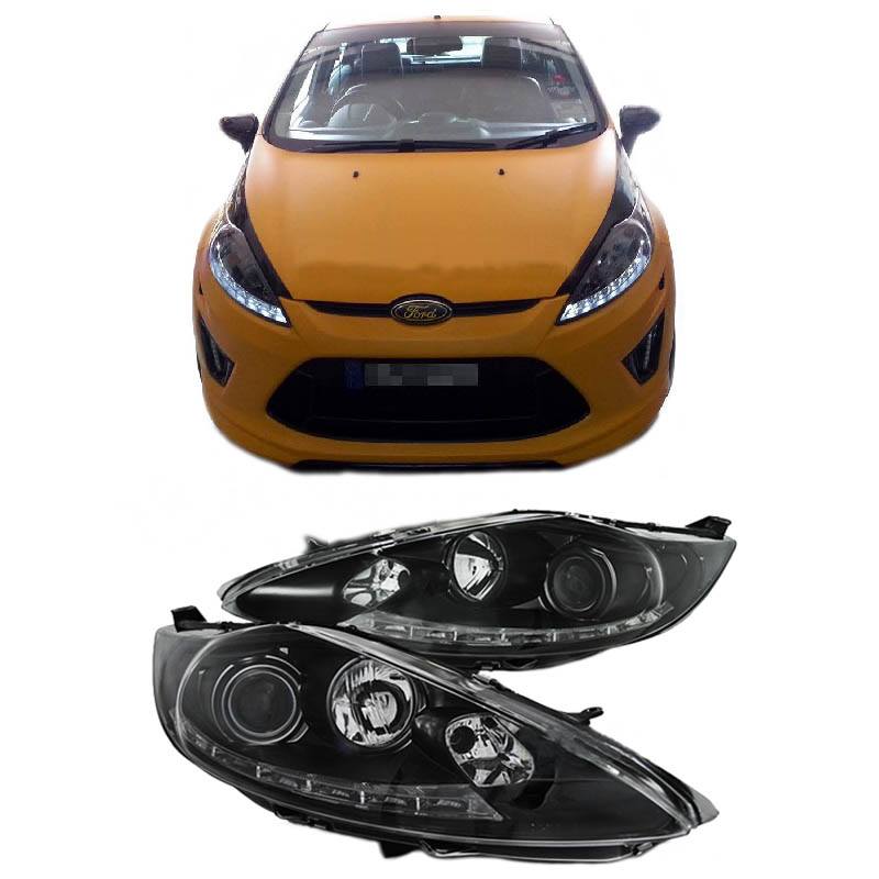 Βλησαρούλης Car Center - Μπροστινά Φανάρια Set Για Ford Fiesta 08-12 DRL Μαύρα H7/H1 Με Μοτέρ Sonar