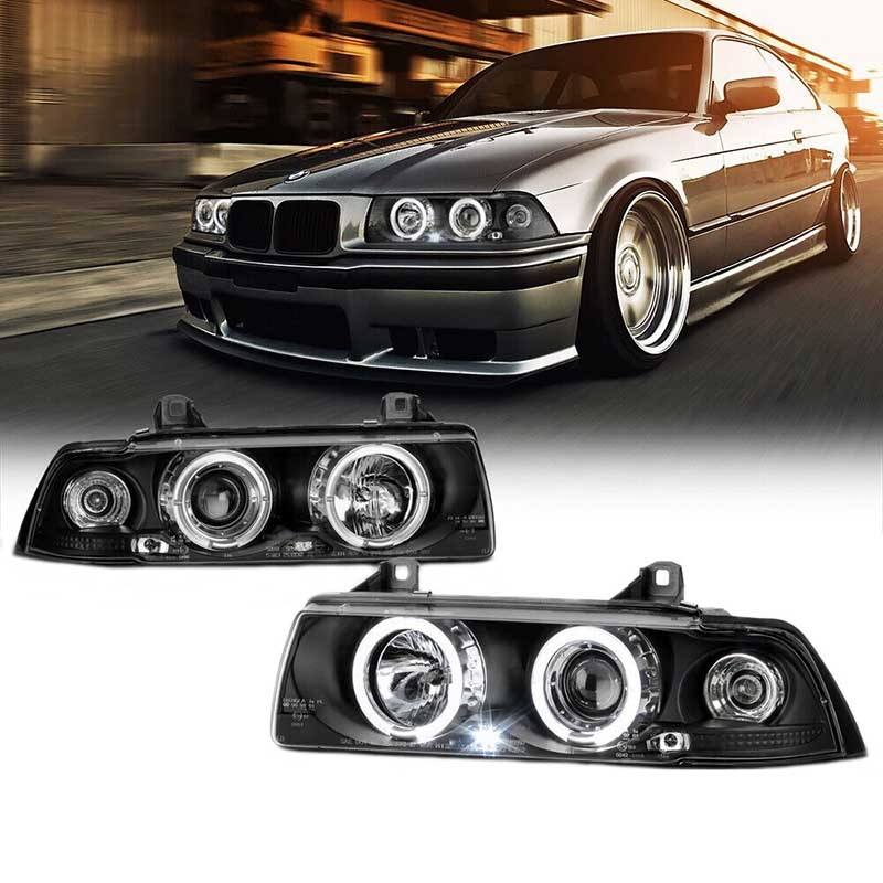Βλησαρούλης Car Center - Μπροστινά Φανάρια Set Για Bmw 3 E36 90-99 Coupe / Cabrio Angel Eyes & Led Μαύρα H1/H1 Sonar