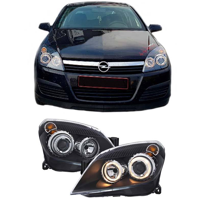 Βλησαρούλης Car Center - Μπροστινά Φανάρια Set Για Opel Astra H 04-09 Angel Eyes Μαύρα H7/H7 Με Μοτέρ Depo