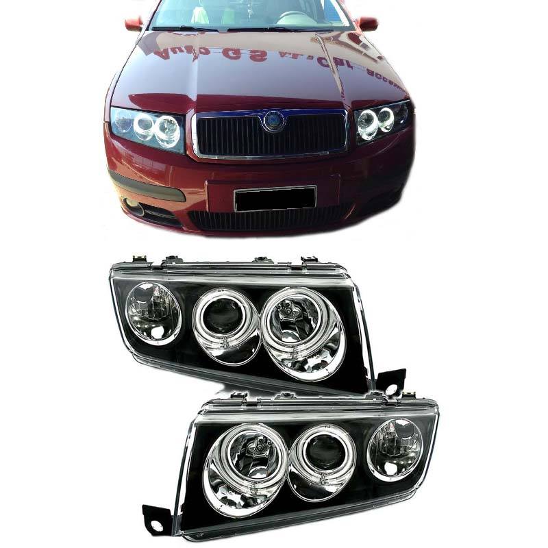 Βλησαρούλης Car Center - Μπροστινά Φανάρια Set Για Skoda Fabia 6Y 99-07 ccfl Angel Eyes Μαύρα H1/H1 Eagle Eyes