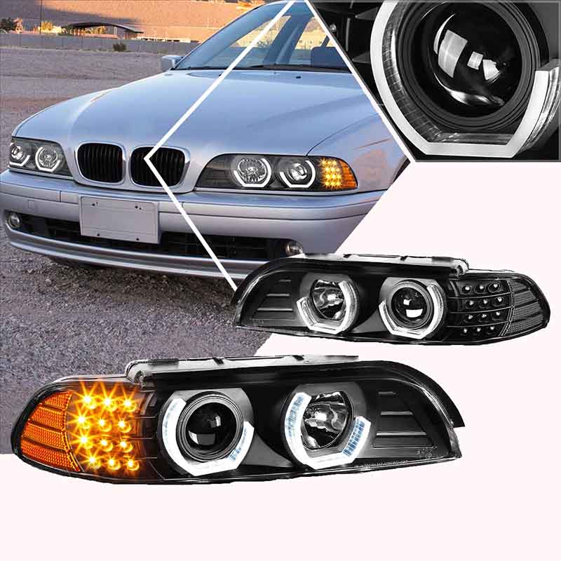 Βλησαρούλης Car Center - Μπροστινά Φανάρια Set Για Bmw 5 E39 95-03 3D Angel Eyes & Led Φλας Μαύρα H7/H1 Manual Reliable Auto Parts