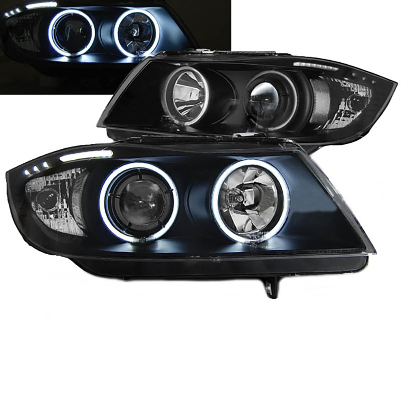 Βλησαρούλης Car Center - Μπροστινά Φανάρια Set Για Bmw 3 E90 / E91 05-08 ccfl Angel Eyes Μαύρα H7/H1 Με Μοτέρ Eagle Eyes
