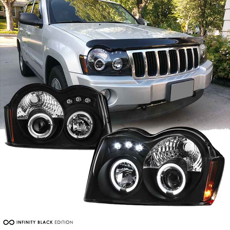 Βλησαρούλης Car Center - Μπροστινά Φανάρια Set Για Jeep Grand Cherokee 05-08 WK Angel Eyes & Led Μαύρα HB4/H1 Manual Sonar