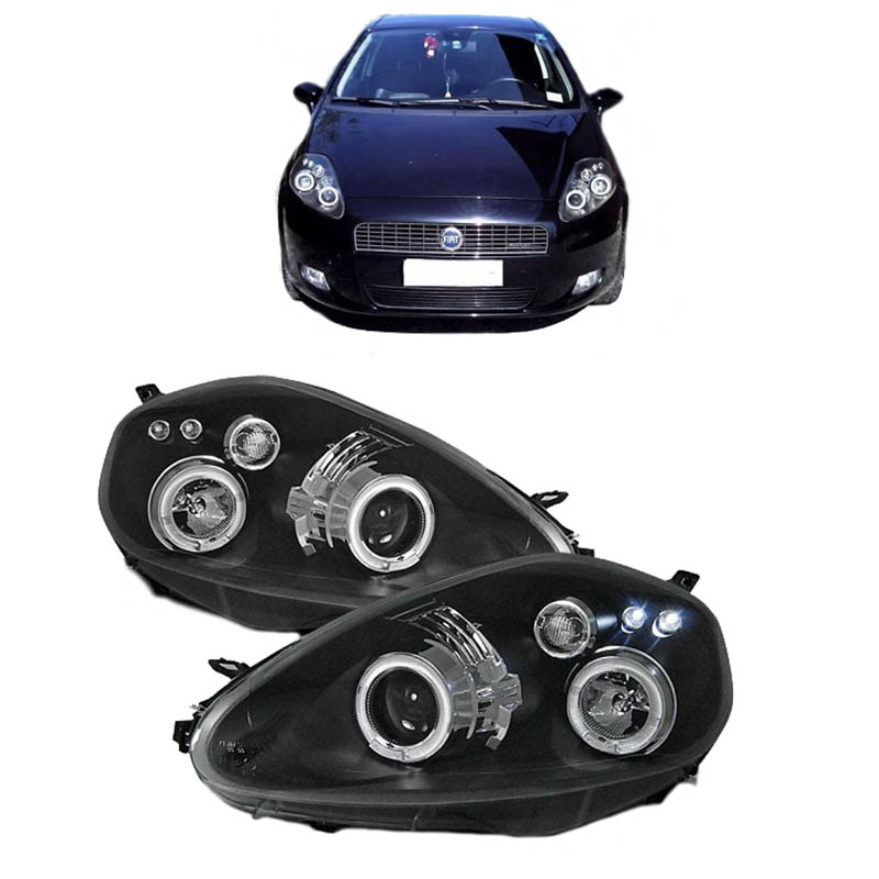 Βλησαρούλης Car Center - Μπροστινά Φανάρια Set Για Grande Punto 05-08 Angel Eyes & Led Μαύρα H1/H1 JunYan