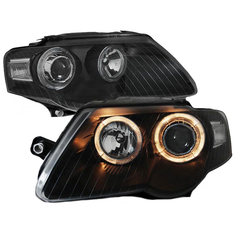 Βλησαρούλης Car Center - Μπροστινά Φανάρια Set Για Vw Passat B6 3C 05-10 Angel Eyes Μαύρα H7/H7 Με Μοτέρ Depo