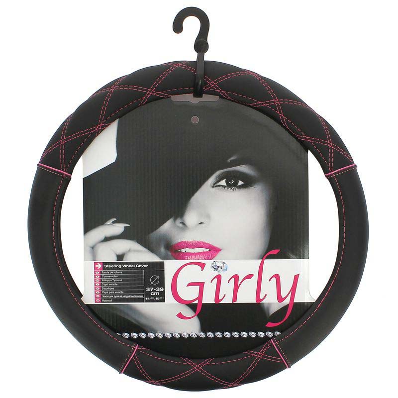 Βλησαρούλης Car Center - Κάλυμμα Tιμονιού &apos;&apos;Pink Cross Stitch&apos;&apos;Μαύρο Με Ροζ Σταυρωτό Νήμα Medium 37-39cm