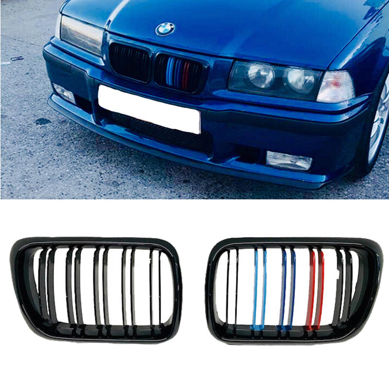 Βλησαρούλης Car Center - Καρδιές Μάσκας Για Bmw 3 E36 96-99 M4 Look Με Διπλή Γρίλια Tri-color / Μαύρο Γυαλιστερό 2 Τεμάχια
