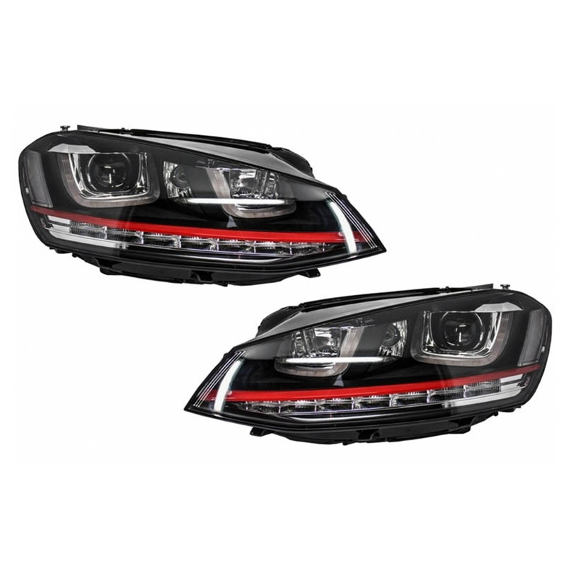 Βλησαρούλης Car Center - Μπροστινά Φανάρια Set Για Vw Golf VIΙ (7) 12-17 DRL U-Type GTI Μαύρα/Κόκκινο H7/H7 Με Μοτέρ Carner