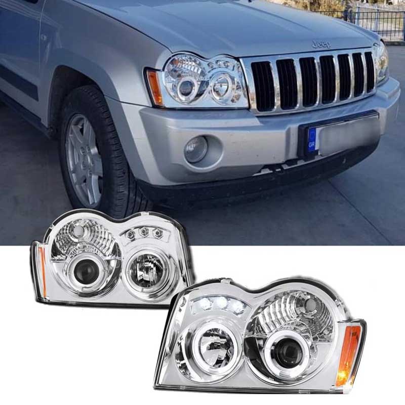 Βλησαρούλης Car Center - Μπροστινά Φανάρια Set Για Jeep Grand Cherokee 05-08 WK Angel Eyes & Led Χρωμίου HB4/H1 Manual Sonar