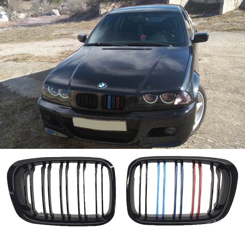 Βλησαρούλης Car Center - Καρδιές Μάσκας Για Bmw 3 E46 99-01 Sedan/Touring/Compact M4 Look Με Διπλή Γρίλια Tri-color / Μαύρο Γυαλιστερό 2 Τεμάχια