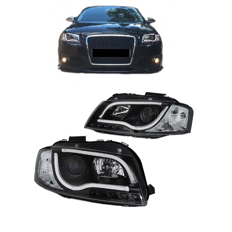 Βλησαρούλης Car Center - Μπροστινά Φανάρια Set Για Audi A3 8P 03-08 DRL & Led Tube Μαύρα H7/H1 Sonar