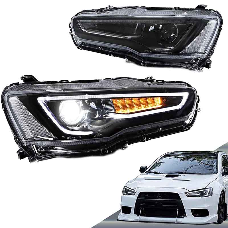 Βλησαρούλης Car Center - Μπροστινά Φανάρια Set Για Mitsubishi Lancer 07-17 DRL Led Tube & Dynamic Φλας Μαύρο/Χρώμιο H7 Manual VLAND