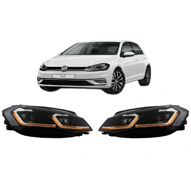 Βλησαρούλης Car Center - Μπροστινά Φανάρια Set Για Vw Golf 7.5 17-19 Facelift DRL & Dynamic Signal Μαύρα Με Χρώμιο Γραμμή H7 Με Μοτέρ Carner