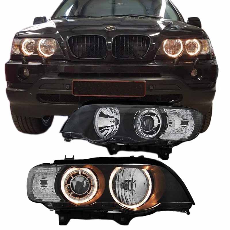 Βλησαρούλης Car Center - Μπροστινά Φανάρια Set Για Bmw X5 E53 99-03 Angel Eyes Μαύρα Xenon D2S/H7 Με Μοτέρ Depo