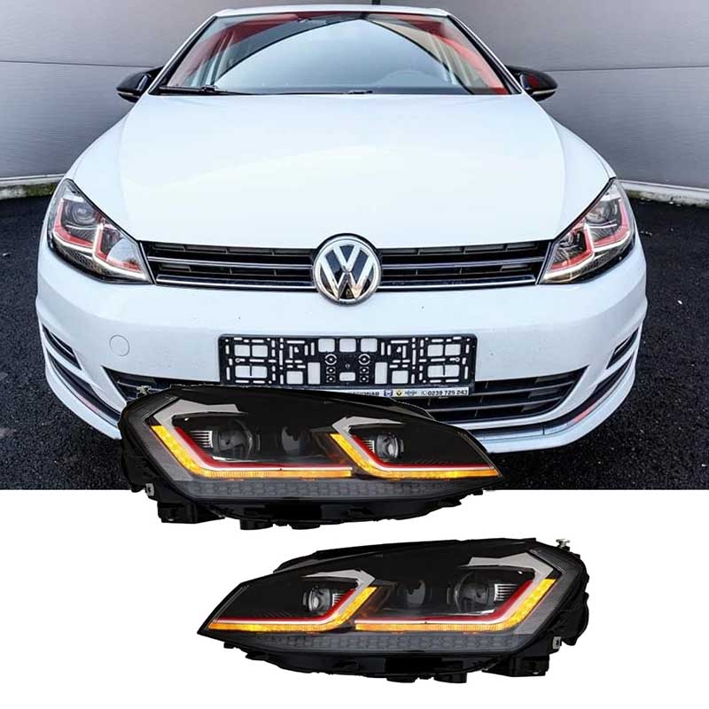 Βλησαρούλης Car Center - Μπροστινά Φανάρια Set Για Vw Golf VII (7) 12-17  Look 7.5 GTI Μαύρα/ Κόκκινη Γραμμή H7 Με Μοτέρ Carner