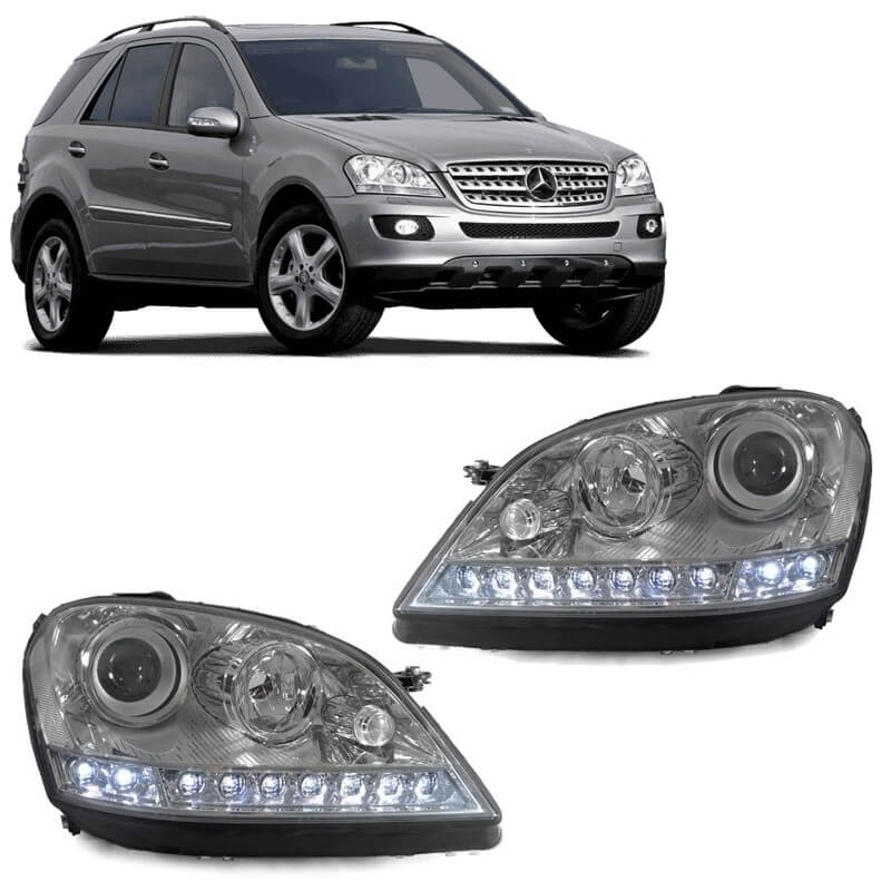 Βλησαρούλης Car Center - Μπροστινά Φανάρια Set Για Mercedes-Benz ML-Class W164 05-08 DRL Χρώμιο H7 Με Μοτέρ Depo