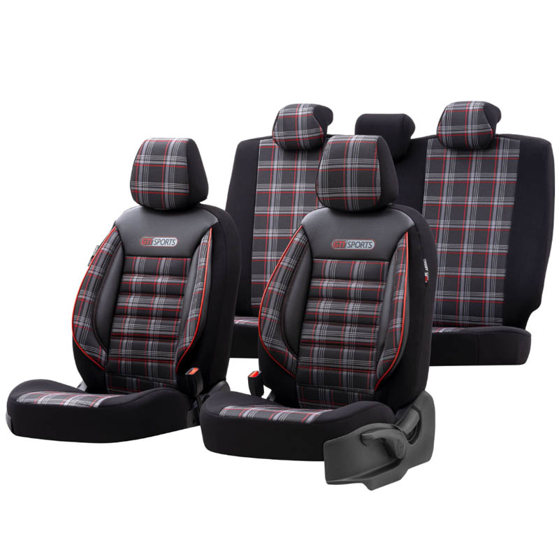 Βλησαρούλης Car Center - Καλύμματα Αυτοκινήτου Otom GTI Sports Design Universal Jacquard / Lacost / Δερματίνη Σετ Εμπρός / Πίσω 11 Τεμαχίων Μαύρο - Κόκκινο GTI-801