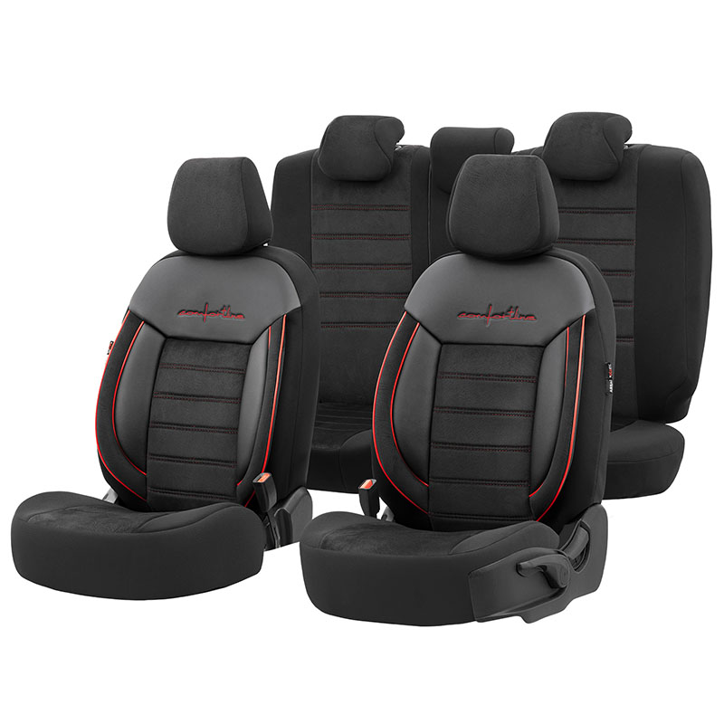 Βλησαρούλης Car Center - Καλύμματα Αυτοκινήτου Otom Comfortline Design Universal Sued / Rachel / Δερματίνη Σετ Εμπρός / Πίσω 11 Τεμαχίων Μαύρο Με Κόκκινο Ρέλι CMF-218