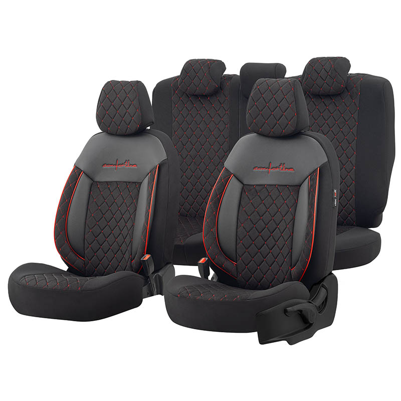 Βλησαρούλης Car Center - Καλύμματα Αυτοκινήτου Otom Comfortline VIP Design Universal Sued / Rachel / Δερματίνη Καπιτονέ Σετ Εμπρός / Πίσω 11 Τεμαχίων Μαύρο Με Κόκκινο Κέντημα CMV-231