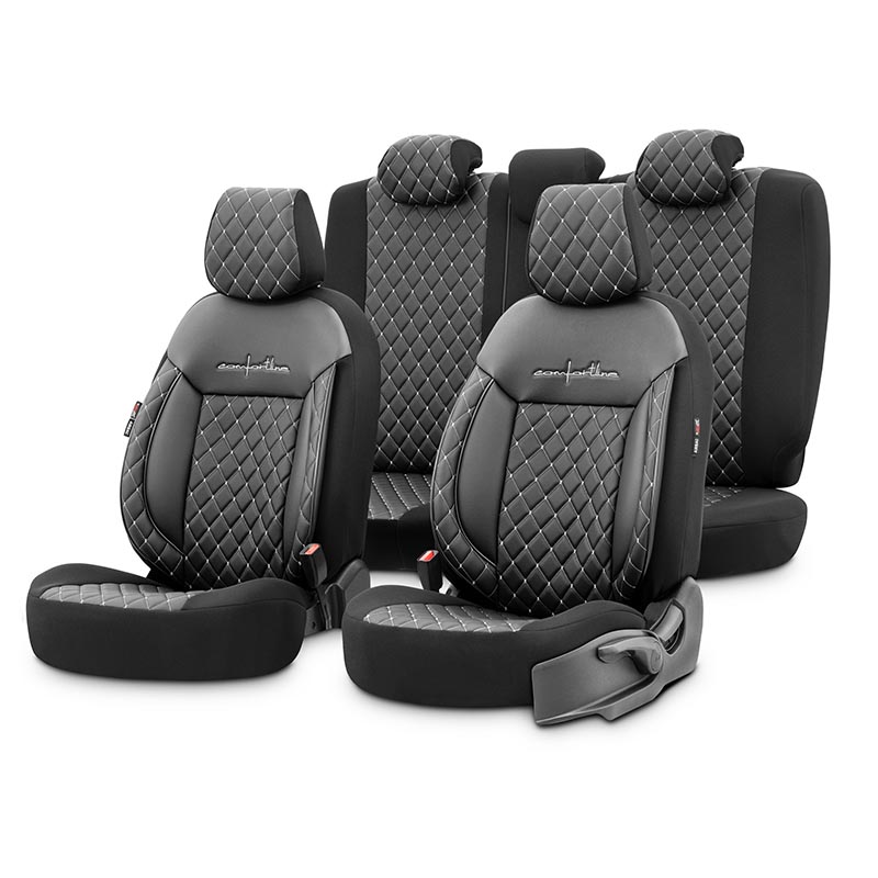 Βλησαρούλης Car Center - Καλύμματα Αυτοκινήτου Otom Comfortline VIP Design Universal Δερματίνη Καπιτονέ Σετ Εμπρός / Πίσω 11 Τεμαχίων Μαύρο Με Άσπρο Κέντημα CMV-222