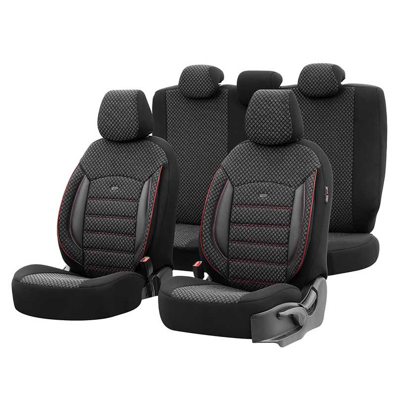 Βλησαρούλης Car Center - Καλύμματα Αυτοκινήτου Otom Sport Plus Design Universal Βαμβακερό Ύφασμα / Rachel / Δερματίνη Σετ Εμπρός / Πίσω 11 Τεμαχίων Μαύρο Με Κόκκινο Κέντημα SPTPLS-102