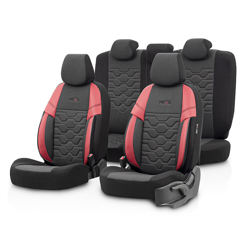 Βλησαρούλης Car Center - Καλύμματα Αυτοκινήτου Otom Hexa Design Universal Jacquard / Rachel / Δερματίνη Σετ Εμπρός / Πίσω 11 Τεμαχίων Μαύρο - Κόκκινο HEX-2801