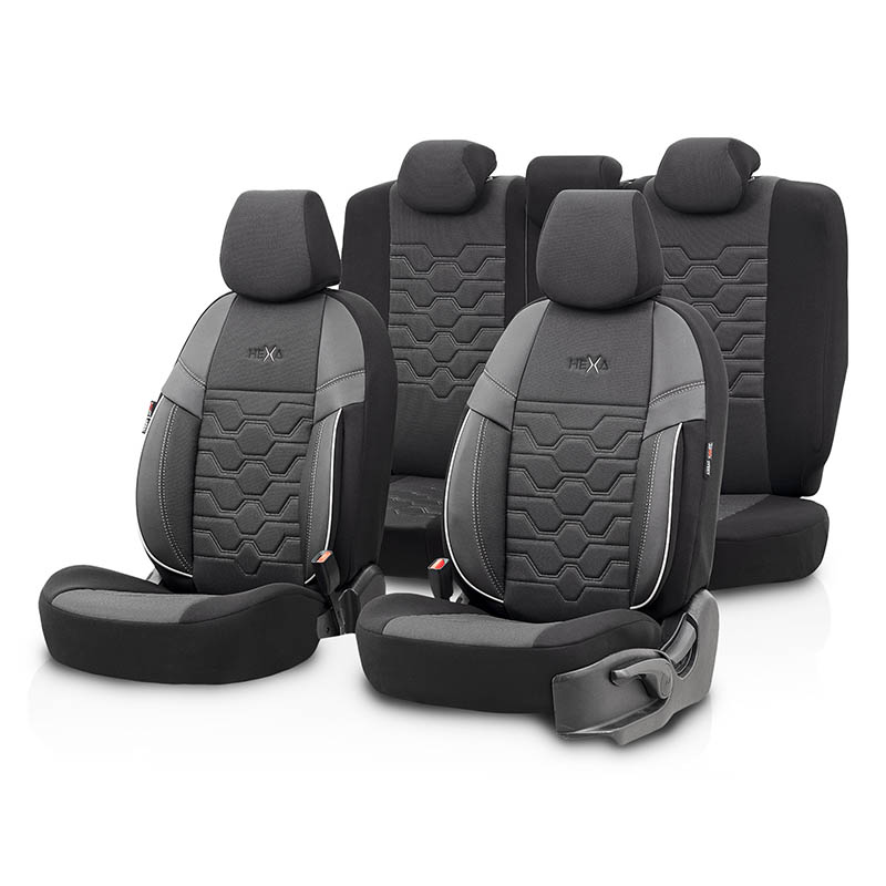 Βλησαρούλης Car Center - Καλύμματα Αυτοκινήτου Otom Hexa Design Universal Jacquard / Rachel / Δερματίνη Σετ Εμπρός / Πίσω 11 Τεμαχίων Μαύρο - Γκρι HEX-2805