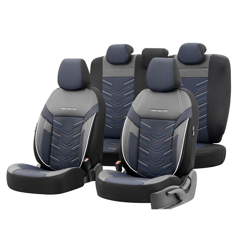 Βλησαρούλης Car Center - Καλύμματα Αυτοκινήτου Otom Reflective Design Universal Jacquard / Rachel / Δερματίνη Σετ Εμπρός / Πίσω 11 Τεμαχίων Μαύρο Με Μπλε Ραφή RFL-2604
