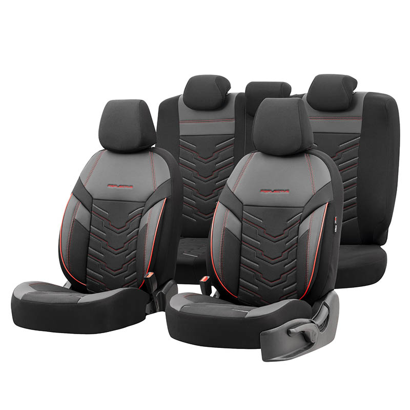 Βλησαρούλης Car Center - Καλύμματα Αυτοκινήτου Otom Reflective Design Universal Jacquard / Rachel / Δερματίνη Σετ Εμπρός / Πίσω 11 Τεμαχίων Μαύρο Με Κόκκινη Ραφή RFL-2601