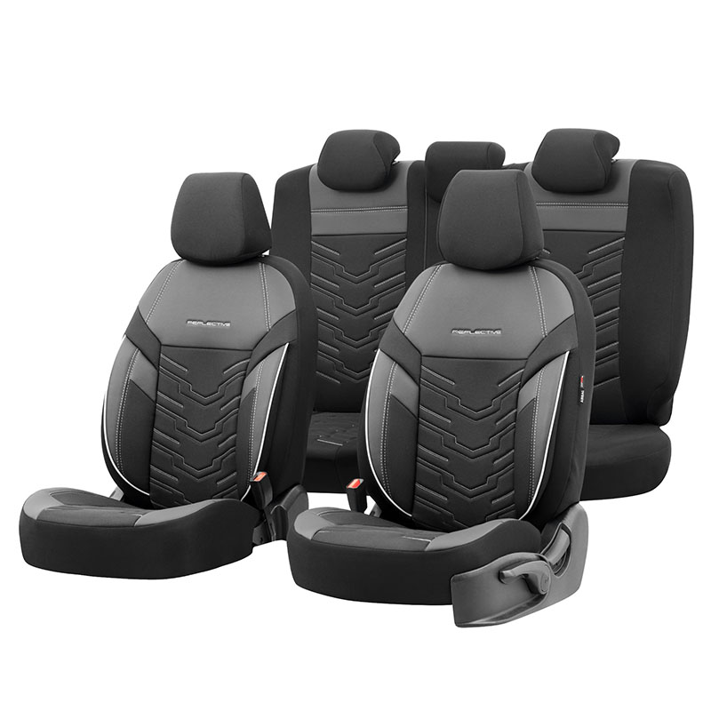 Βλησαρούλης Car Center - Καλύμματα Αυτοκινήτου Otom Reflective Design Universal Jacquard / Rachel / Δερματίνη Σετ Εμπρός / Πίσω 11 Τεμαχίων Μαύρο Με Άσπρη Ραφή RFL-2602