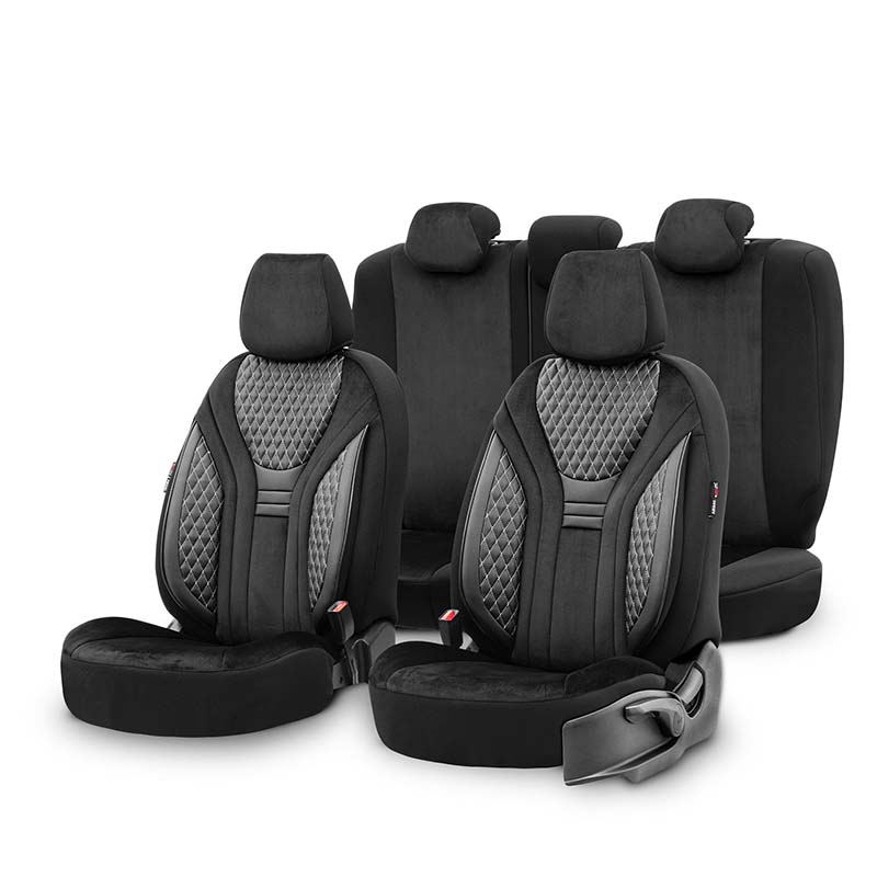 Βλησαρούλης Car Center - Καλύμματα Αυτοκινήτου Otom Infinity Design Universal Sued / Δερματίνη Καπιτονέ / Rachel Σετ Εμπρός / Πίσω 11 Τεμαχίων Μαύρο Με Άσπρη Ραφή INF-2003