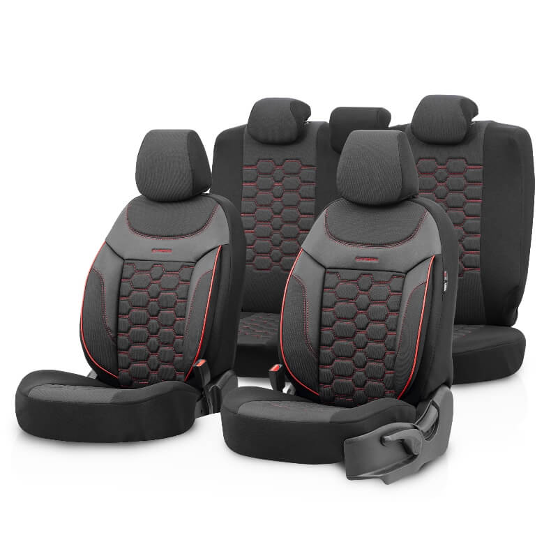 Βλησαρούλης Car Center - Καλύμματα Αυτοκινήτου Carbon Design Universal Jacquard / Rachel / Δερματίνη Σετ Εμπρός / Πίσω 11 Τεμαχίων Μαύρο - Κόκκινο CRB-3402