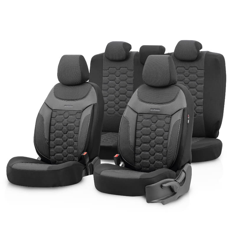 Βλησαρούλης Car Center - Καλύμματα Αυτοκινήτου Carbon Design Universal Jacquard / Rachel / Δερματίνη Σετ Εμπρός / Πίσω 11 Τεμαχίων Μαύρο - Γκρι CRB-3401