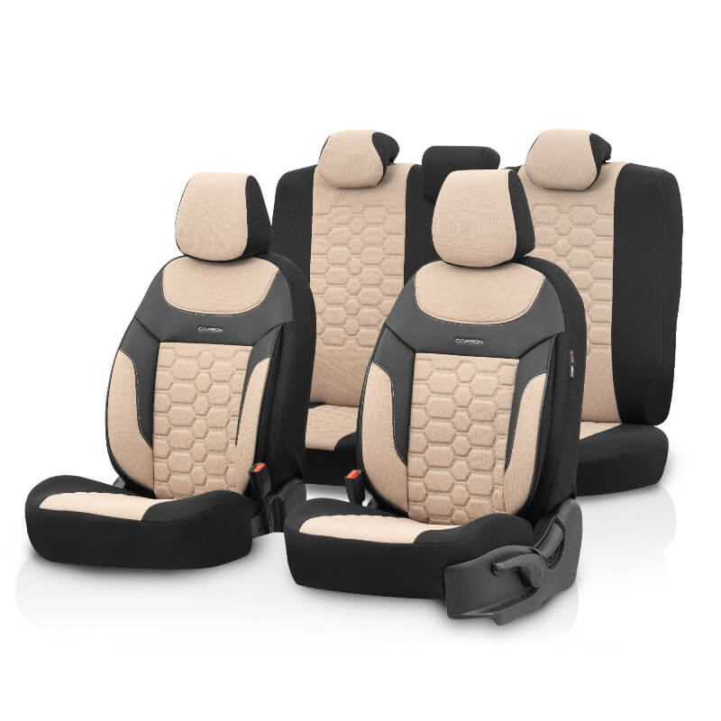 Βλησαρούλης Car Center - Καλύμματα Αυτοκινήτου Carbon Design Universal Jacquard / Rachel / Δερματίνη Σετ Εμπρός / Πίσω 11 Τεμαχίων Μπεζ CRB-3403