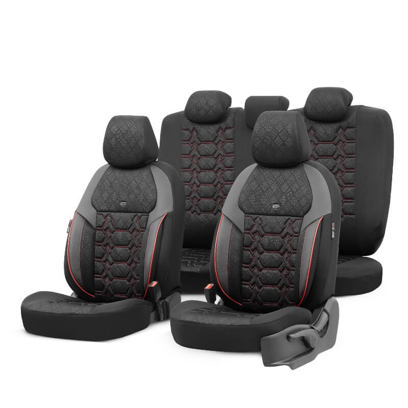 Βλησαρούλης Car Center - Καλύμματα Αυτοκινήτου Otom Pulse Design Universal Δερματίνη / Rachel Σετ Εμπρός / Πίσω 11 Τεμαχίων Μαύρο Με Κόκκινη Ραφή PLS-2902