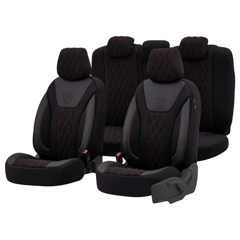 Βλησαρούλης Car Center - Καλύμματα Αυτοκινήτου Otom Bronco Design Universal Rachel / Δερματίνη Καπιτονέ Σετ Εμπρός / Πίσω 11 Τεμαχίων Μαύρο Με Κόκκινο Κέντημα BRN-401
