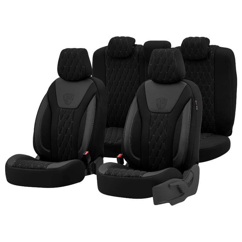 Βλησαρούλης Car Center - Καλύμματα Αυτοκινήτου Otom Bronco Design Universal Rachel / Δερματίνη Καπιτονέ Σετ Εμπρός / Πίσω 11 Τεμαχίων Μαύρο Με Γκρι Κέντημα BRN-402