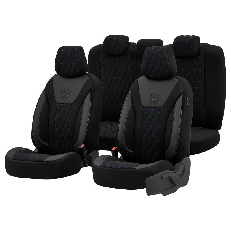 Βλησαρούλης Car Center - Καλύμματα Αυτοκινήτου Otom Bronco Design Universal Rachel / Δερματίνη Καπιτονέ Σετ Εμπρός / Πίσω 11 Τεμαχίων Μαύρο Με Μπλε Κέντημα BRN-403