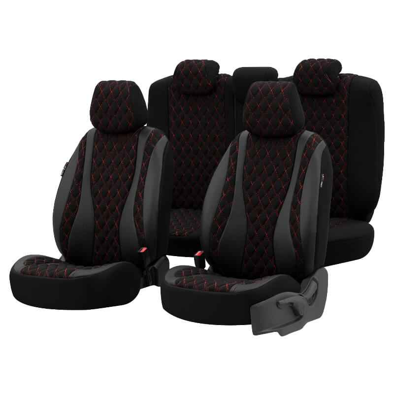 Βλησαρούλης Car Center - Καλύμματα Αυτοκινήτου Otom Emperor Design Universal Sued / Rachel / Δερματίνη Καπιτονέ Σετ Εμπρός / Πίσω 11 Τεμαχίων Μαύρο Με Κόκκινο Κέντημα EMP-601