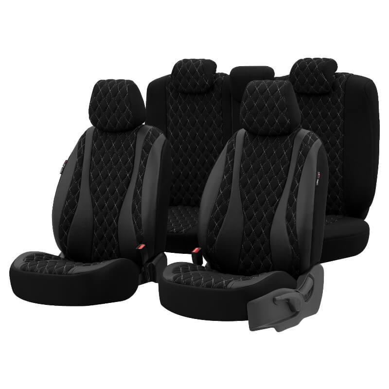 Βλησαρούλης Car Center - Καλύμματα Αυτοκινήτου Otom Emperor Design Universal Sued / Rachel / Δερματίνη Καπιτονέ Σετ Εμπρός / Πίσω 11 Τεμαχίων Μαύρο Με Γκρι Κέντημα EMP-602