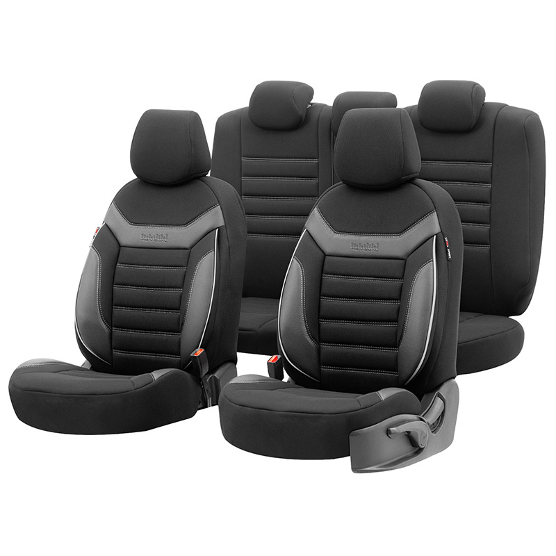 Βλησαρούλης Car Center - Καλύμματα Αυτοκινήτου Otom Individual Design Universal Jacquard / Rachel / Δερματίνη Σετ Εμπρός / Πίσω 11 Τεμαχίων Μαύρο Με Γκρι Ραφές IND-202