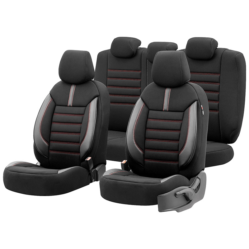 Βλησαρούλης Car Center - Καλύμματα Αυτοκινήτου Otom Limited Design Universal Jacquard / Lacost / Δερματίνη Σετ Εμπρός / Πίσω 11 Τεμαχίων Μαύρο Με Κόκκινες Ραφές LMT-101