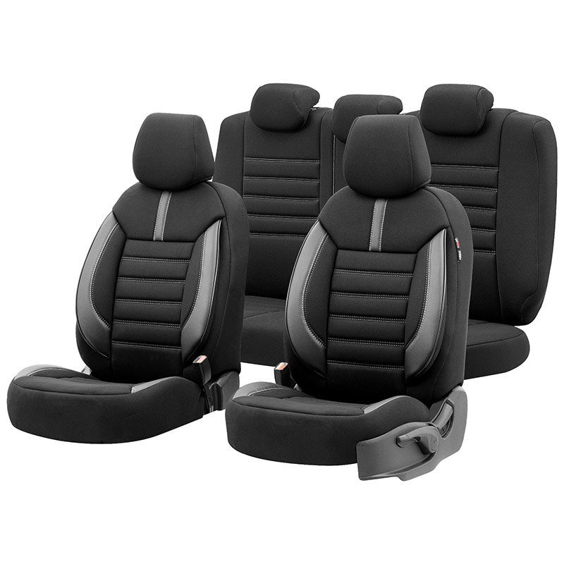 Βλησαρούλης Car Center - Καλύμματα Αυτοκινήτου Otom Limited Design Universal Jacquard / Lacost / Δερματίνη Σετ Εμπρός / Πίσω 11 Τεμαχίων Μαύρο Με Γκρι Ραφές LMT-102