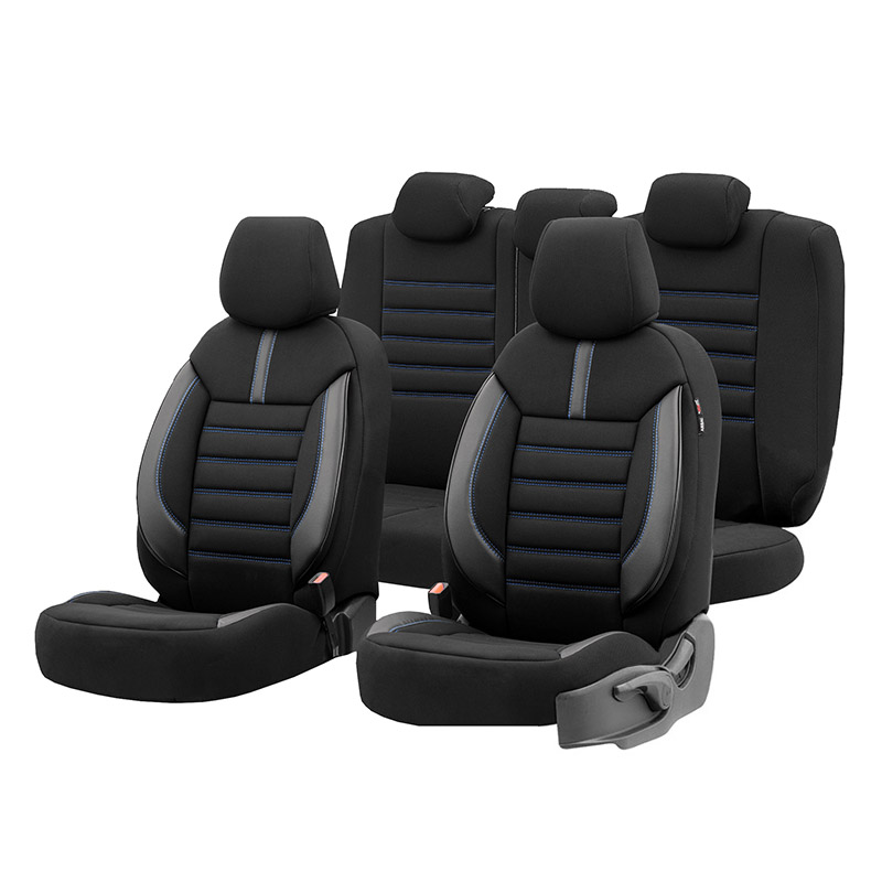 Βλησαρούλης Car Center - Καλύμματα Αυτοκινήτου Otom Limited Design Universal Jacquard / Lacost / Δερματίνη Σετ Εμπρός / Πίσω 11 Τεμαχίων Μαύρο Με Μπλε Ραφές LMT-103