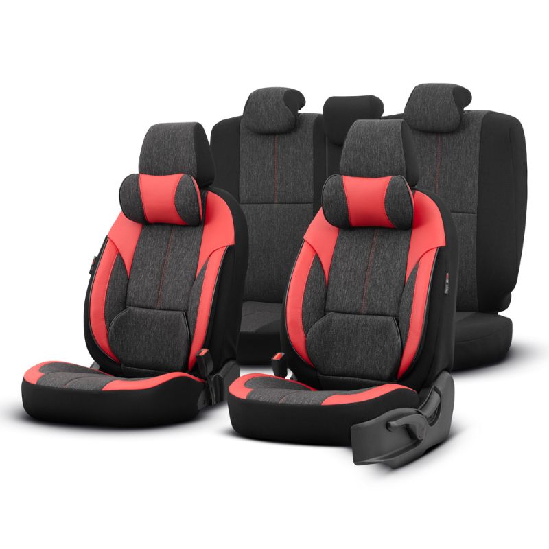 Βλησαρούλης Car Center - Καλύμματα Αυτοκινήτου Otom Voyager Universal Λινό Ύφασμα / Rachel / Δερματίνη Σετ Εμπρός / Πίσω 13 Τεμαχίων Μαύρο Με Κόκκινο VYG-104
