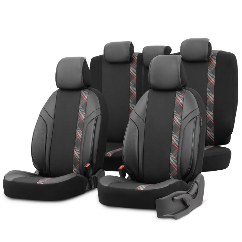 Βλησαρούλης Car Center - Καλύμματα Αυτοκινήτου Otom Horizon Universal Jacquard / Rachel / Δερματίνη Σετ Εμπρός / Πίσω 11 Τεμαχίων Μαύρο Με Κόκκινο HRZ-1801